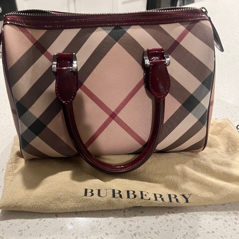 Burberry Red Patent Leather Supernova Check Coated Canvas Bowling Bag